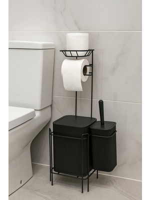 PremiumPort Siyah Kare Wc Seti: Tuvalet Kağıtlığı, Fırça ve Çöp Kovası Kompleti