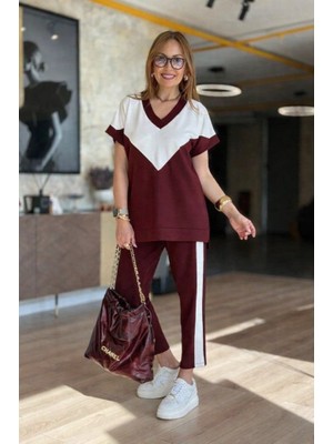 Mç Plus Kadın Kısa Kollu V Yakalı Çift Renkli Viskon Iki Iplik Ikili Bluz ve Pantolon Takım