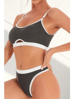 bebekokusu Kadın Gri Antrasit Kaşkorse ve Beyaz Lastikli Cut-Out Tanga Külotlu Takım