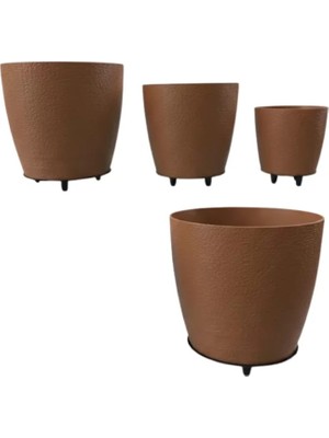 Nemere Ithalat 4’lü 3D Kahverengi Dekoratif Vazo Seti Modern Ayaklı Şık Saksı Takımı