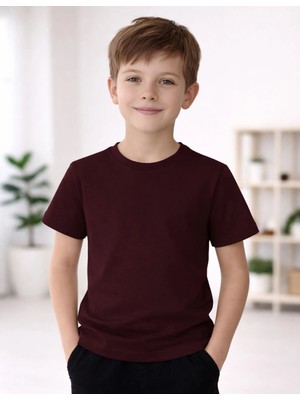 Organickid Basic Çocuk Bordo Kısa Kol T-Shirt
