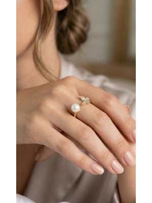 Kelebek Incili Model Gold Renk Zirkon Taşlı Kadın Yüzük