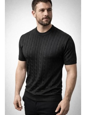 Modenya Erkek Yazlık Triko Dokuma Tişört Kısa Kol Bisiklet Yaka Örgü Desenli T-Shirt - Siyah