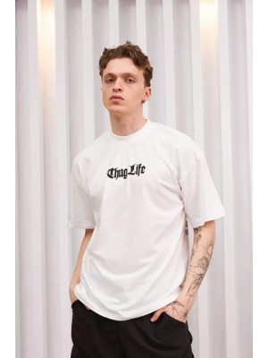 Modenya Unisex Bisiklet Yaka Baskılı Oversize T-Shirt - Beyaz