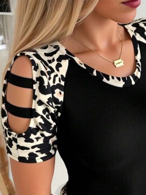 Periliçekeçe Kadın Kısa Kollu Yuvarlak Yaka Kollarda Şerit Detaylı Leoparlı Viskon Bluz