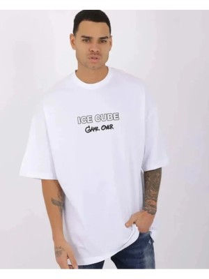 Modenya Unisex Bisiklet Yaka Baskılı Oversize T-Shirt - Beyaz