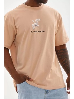 Modenya Unisex Baskılı Oversize T-Shirt - Bej
