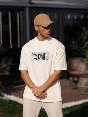 Modenya Unisex Bisiklet Yaka Baskılı Oversize T-Shirt - Beyaz