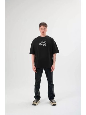 Modenya Unisex Bisiklet Yaka Baskılı Oversize T-Shirt - Siyah