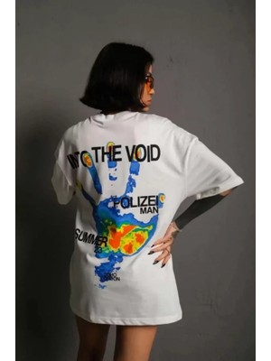 Periliçekeçe Unisex Bisiklet Yaka Baskılı Oversize T-Shirt - Beyaz