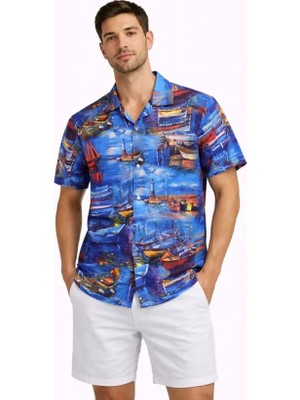 Modenya Erkek Marin Desenli Kısa Kol Gömlek Yazlık Rahat Kalıp Dijital Baskılı - Desenli