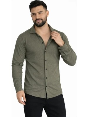 Modenya Erkek Waffle Kumaş Uzun Kollu Düğmeli Açık Yaka Regular Fit Gömlek - Haki