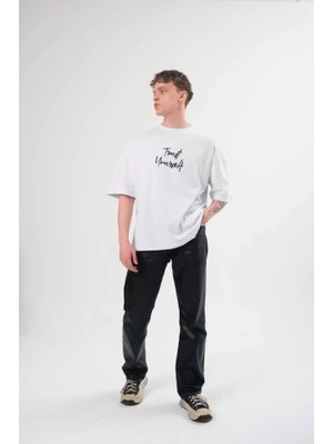 Modenya Unisex Bisiklet Yaka Baskılı Oversize T-Shirt - Beyaz