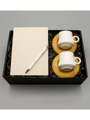 As Gift Kanvas Krem Defter & 2'li Bambu Tabaklı Beyaz Fincan & Beyaz Roller Kalem