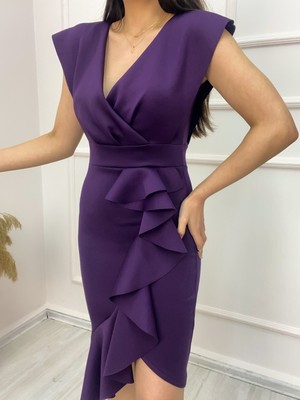 Periliçekeçe Scuba Kumaş Önü Fırfırlı Midi Boy Elbise