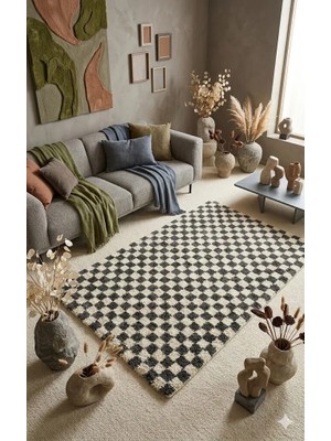 Chess Dama Desenli Kemik-Füme Salon Oturma Odası Yatak Odası Koridor Makine Halısı Yolluk Shaggy