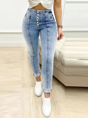 Periliçekeçe Kadın Yüksek Bel Önden Düğmeli Jean Pantolon