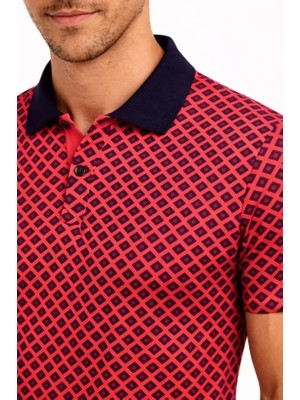 Modenya Erkek Pike Kumaş Polo Yaka Desenli Tişört Kısa Kol Yazlık T-Shirt - Kırmızı