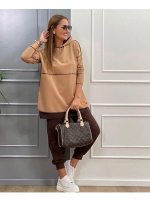 Periliçekeçe Kadın Kahve Kapşonlu Etek Ucu Detay Arma Ters Dikiş Gorunumlu Ikili Takım