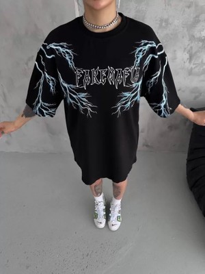 Modenya Unisex Bisiklet Yaka Baskılı Oversize T-Shirt - Siyah