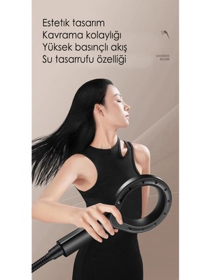 Kustar Super Sonic Siyah 3'lü Duş Seti Turbo Su Tasarruflu Basınçlı Duş Başlığı 150CM Duş Hortumu ve Askı