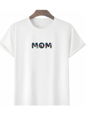 Modenya Anneler Gününe Özel Tasarım Mom Çiçek Baskılı T-Shirt - Beyaz