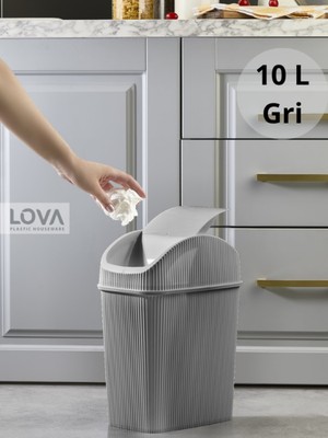 PremiumPort Pratik ve Şık 10 Lt Çizgili Kapaklı Çöp Kutusu, Gri Renk