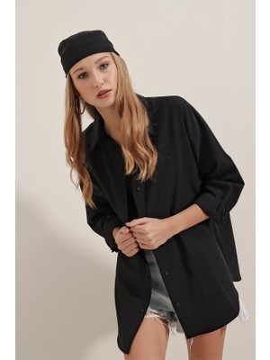 Periliçekeçe Siyah Oversize Uzun Basic Gömlek 3900