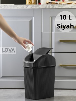 PremiumPort Şık Çizgili Kapaklı 10 Lt Çöp Kovası - Siyah Renkli