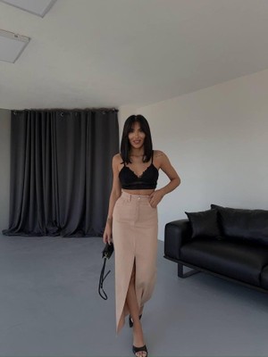 Periliçekeçe Gabardin Uzun Önden Yırtmaçlı Etek - Kahverengi