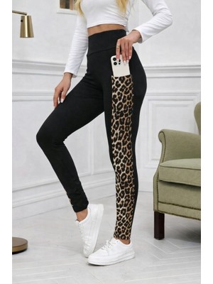 Modenya Kadın Yüksek Bel Cep Detaylı Leopar Desenli Dalgıç Tayt
