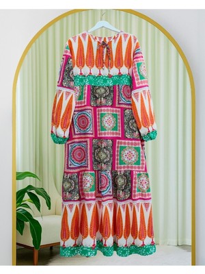 Moda Morfo Etnik Desen Bağcıklı Kolu Lastikli Elbise  -Fuşya
