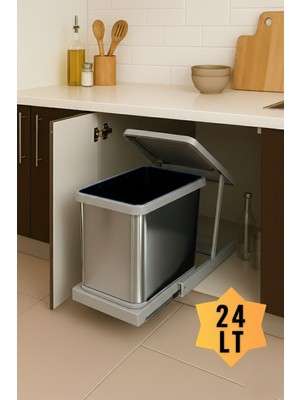 PremiumPort Gri Kapaklı 24L Raylı Çöp Kovası, Paslanmaz Krom, 40 cm Genişlik