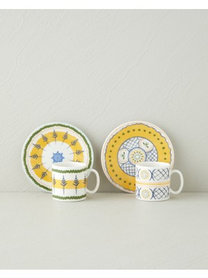 English Home Talavera Garden Bone Porselen 4 Parça 2 Kişilik Kahve Fincan Takımı 90 ml A. Mavi-Yeşil-Sarı