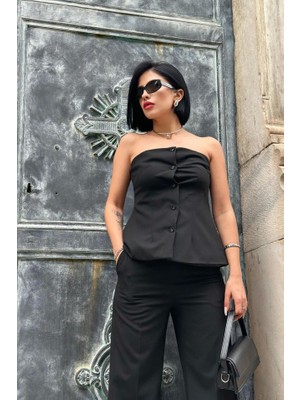 Periliçekeçe Siyah Straplez Düğmeli Crop ve Pantolon Takım