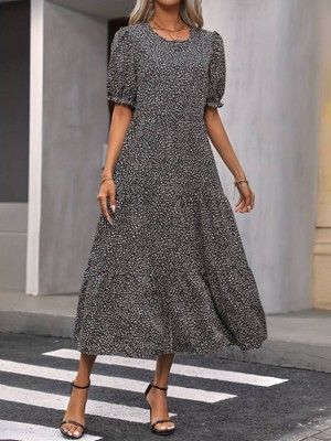 Periliçekeçe Kadın Mini Leopar Desen Midi Üç Kat Elbise