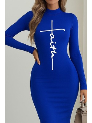 Periliçekeçe Kadın Uzun Kollu Boğazlı Baskı Detaylı Viskon Tam Boy Elbise