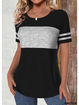 Periliçekeçe Kadın Kısa Kollu Bisiklet Yaka Çift Renkli Viskon Bluz