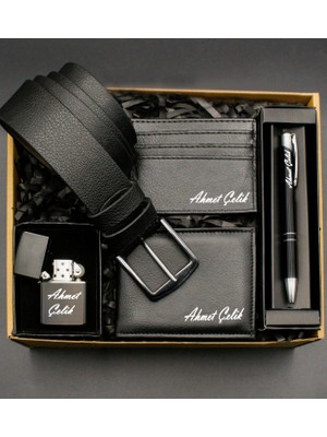 As Gift Kişiye Özel Cüzdan & Kişiye Özel Zippo Tarzı Çakmak  & Kemer & Siyah Tükenmez Kalem & Kartlık Hediye Seti