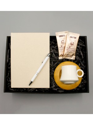 As Gift Kanvas Krem Defter & Bambu Tabaklı Beyaz Fincan & Beyaz Roller Kalem & Mehmet Efendi Türk Kahvesi Hediye Seti
