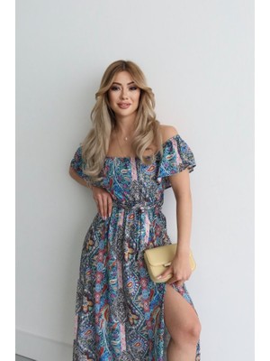 Periliçekeçe Kadın Kısa Kollu Madonna Yaka Fırfırlı Belden Yırtmaçlı Maksi Süprem Elbise