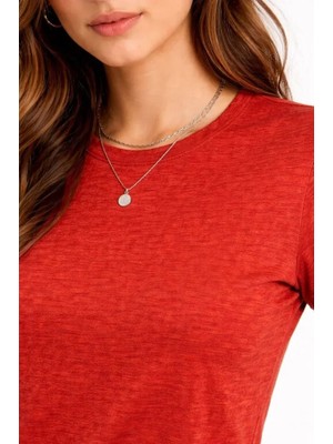 Periliçekeçe Flam Kumaş Melanj Dokulu Regular Fit Tişört Bisiklet Yaka Yazlık T-Shirt - Kiremit