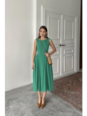 Periliçekeçe Yeşil Yanları Büzgülü Midi Boy Keten Elbise