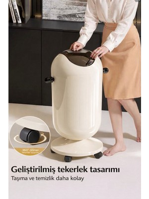 PremiumPort 20 Lt Tekerlekli Kapaklı Modern Çöp Kovası, Çıkarılabilir Hazneli Krem
