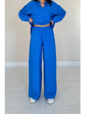 Periliçekeçe Saks Alice Gömlek ve Bol Kesim Pantolon Takım