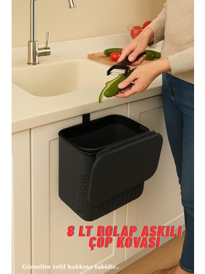 PremiumPort Çizgili 8 Lt Askılı Çöp Kovası, Mutfak Tezgahına ve Dolaba Uyumlu