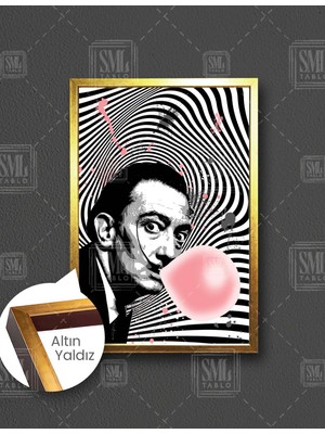SML Tablo Salvador Dali Siyah Çizgiler Içinde Ağzında Pembe Sakız Patlatan Ressam Dekor Dikey Çerçeveli Kanvas Tablo