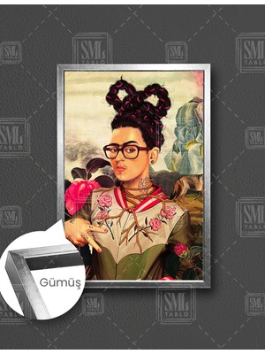 SML Tablo Modern Gözlüklü Frida Kahlo Piercing Hayvanlar  Dikey Çerçeveli Kanvas Tablo