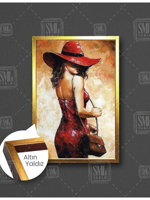 SML Tablo Arkasına Bakan Kırmızı Şapkalı Kadın  Dikey Çerçeveli Kanvas Tablo