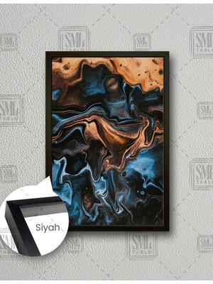 SML Tablo Mavi ve Altın Sarısı Simli Ebru Çalışması Soyut  Dikey Çerçeveli Kanvas Tablo